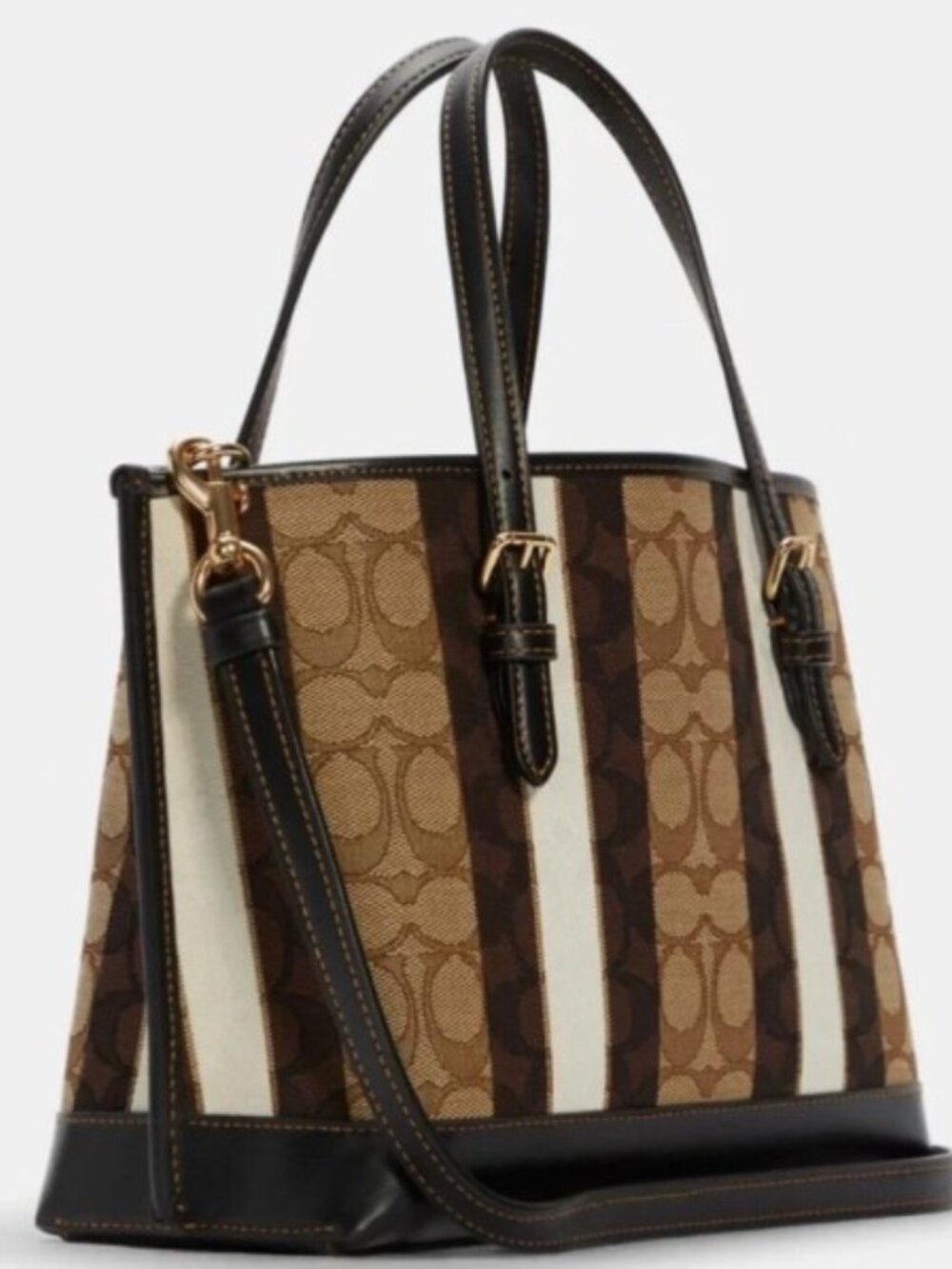 New Coach Signature Stripe Small Satchel in Brown/Black with Canvas Print - Picture 8 of 11